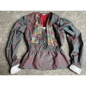 Vintage 1970s Ditsy Floral Collar Prairie Blouse Top Green Red Sheen Size Small